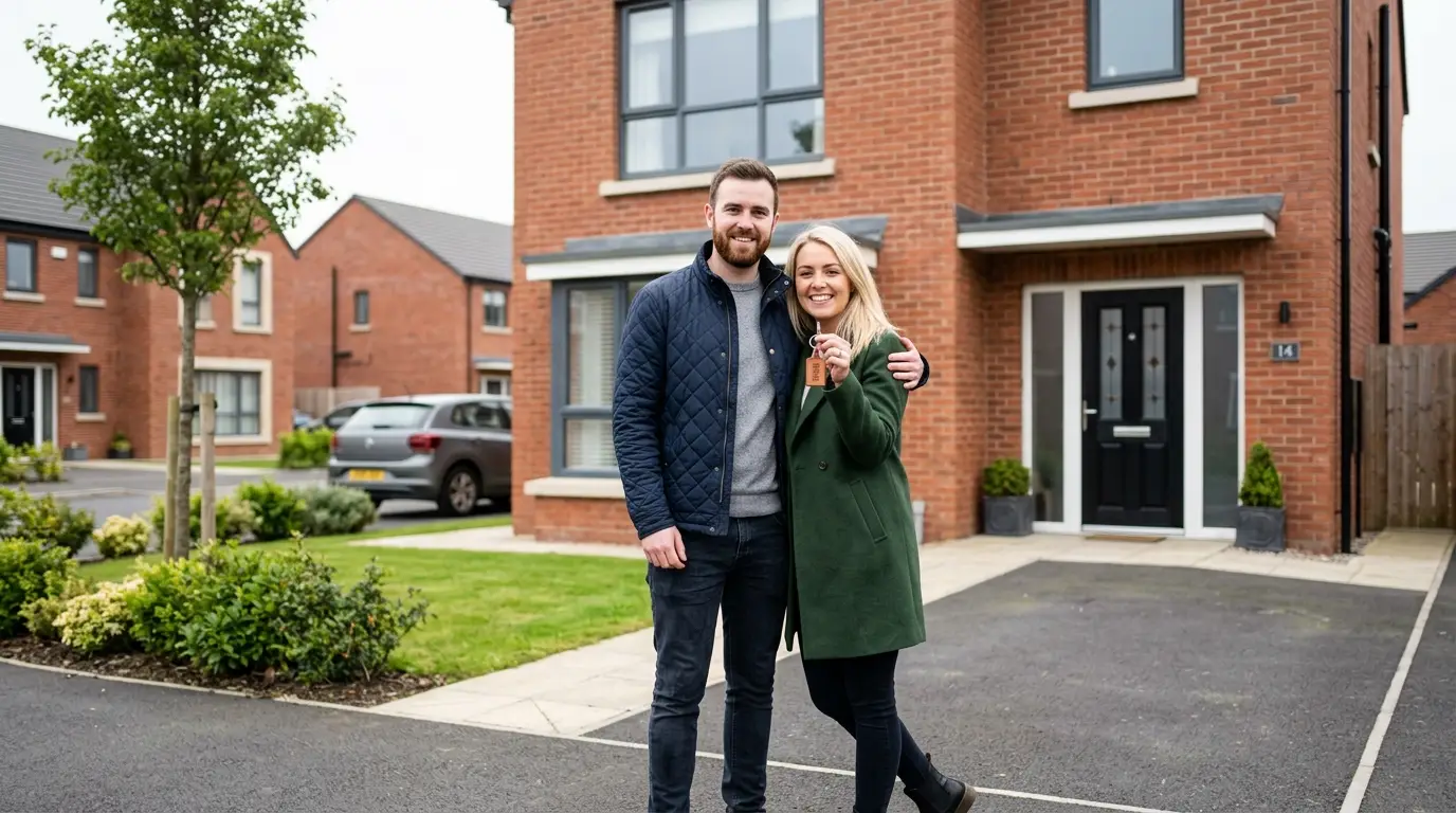 Young couple outside their first home in Belfast